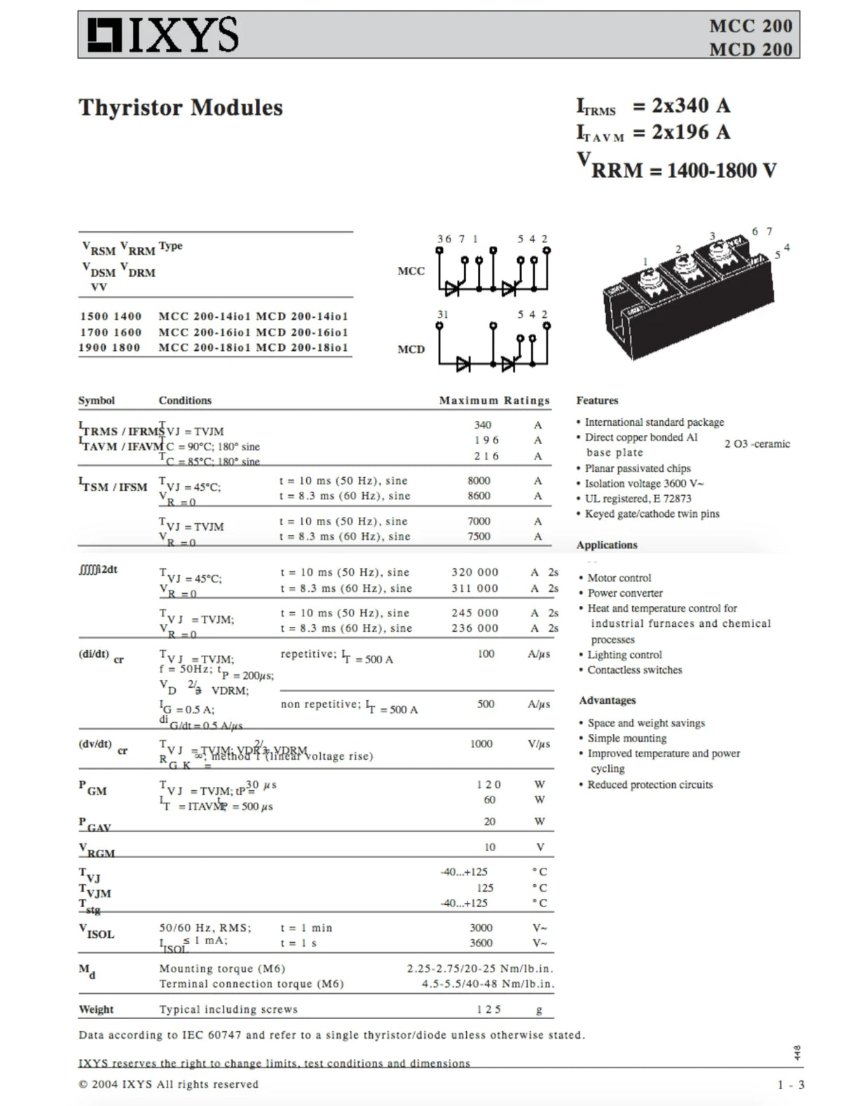 1PCS IXYS MCD200-16IO1 power supply module MCD200-16I01 Quality Assurance