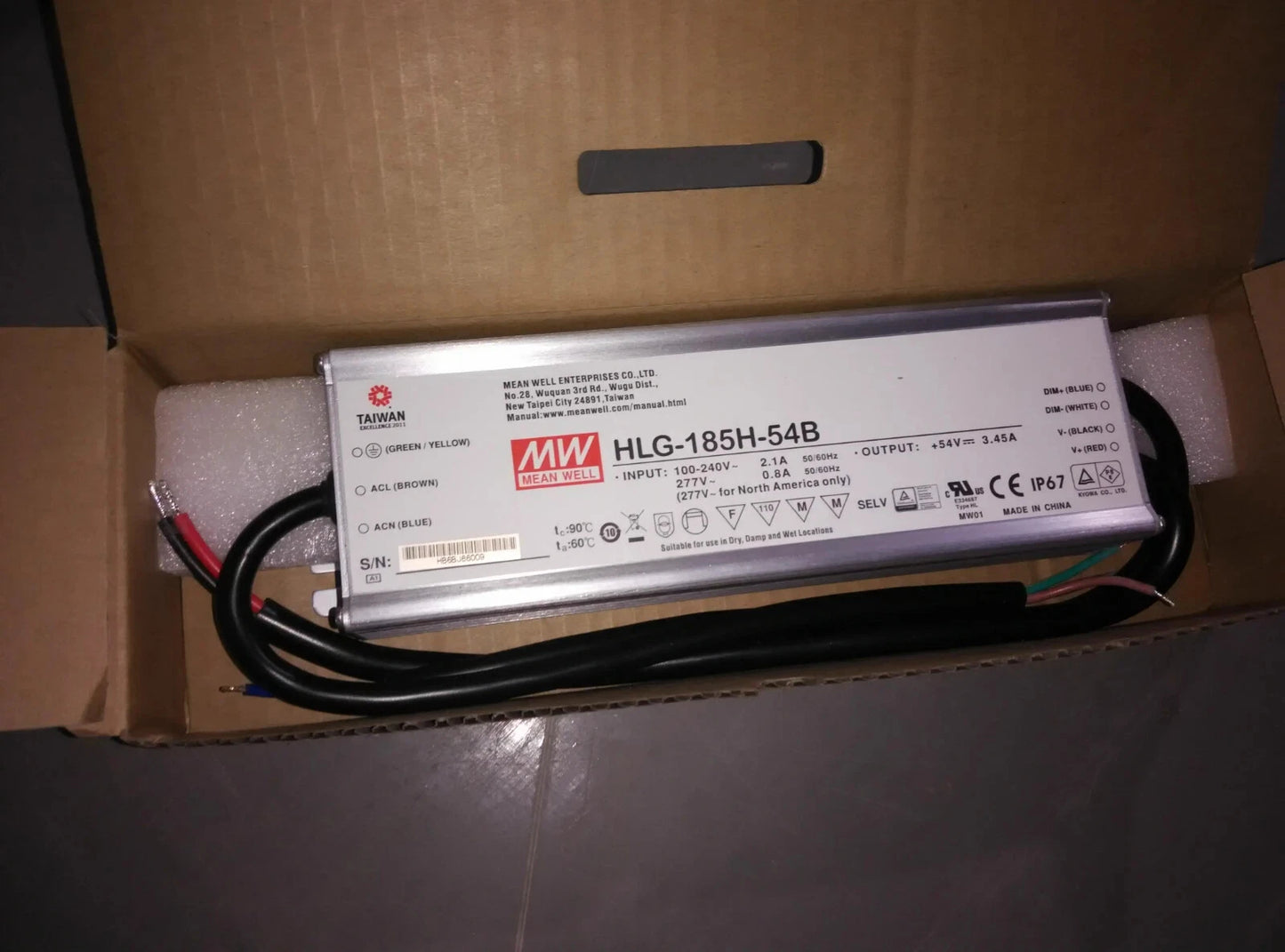Meanwell HLG-185H-54B 54V 3.45A Waterproof LED Power Supply