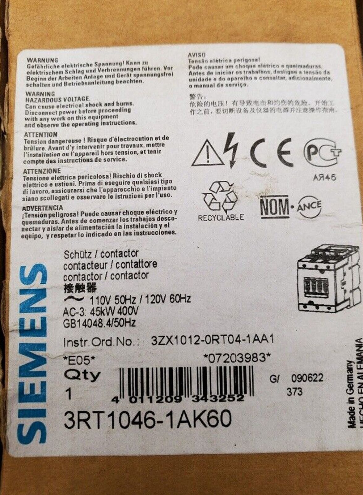 new  Siemens 3RT1046-1AK60 Contactor