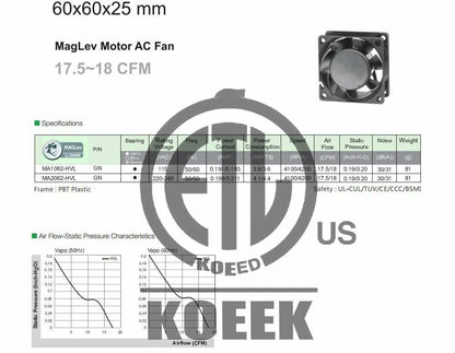 1pc SUNON AC Fan MagLev MA2062-HVL GN AC220-240V 50/60Hz 4.1/4.4W 60x60x25mm UL