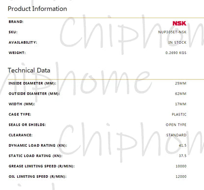 NSK NUP 305 ET Cylindrical Roller Bearing 25x62x17mm