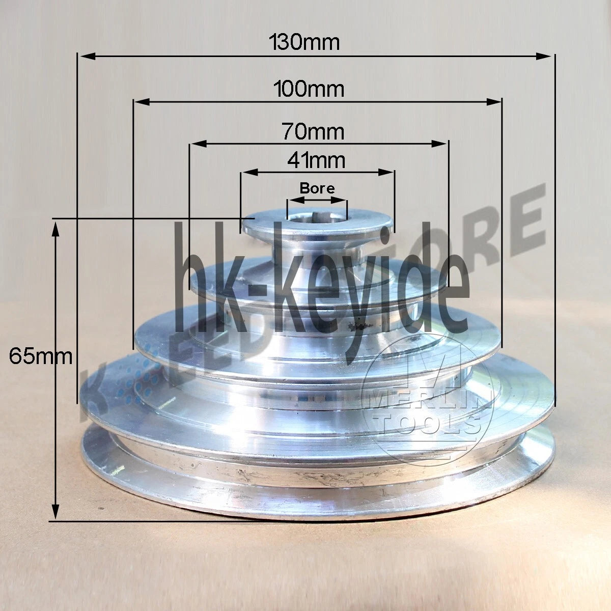 OD 130mm, 4 Step Pulley 16mm Bore for 1/2" = 12.7mm Belt width - Cast Aluminum