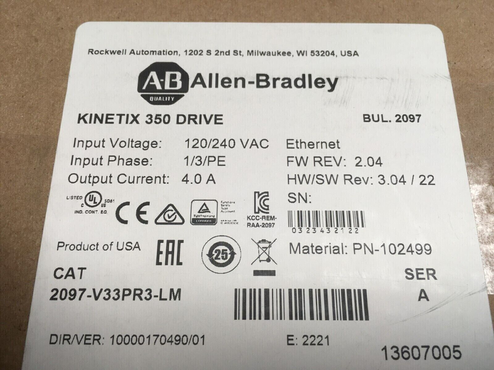 Allen-Bradley 2097V33PR3LM SER A Kinetix 350 Servo Drive 1kW - ALLEN-BRADLEY