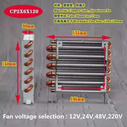 new CP2X6X120 Micro Radiator Condenser Copper Tube Evaporator 12CM FAN 12/24/48/220V