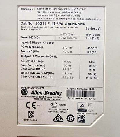 used Allen Bradley 20G11FD8P0AA0NNNNN Powerflex 755 5HP 3PH Frn: 12.002 Tested - ALLEN BRADLEY