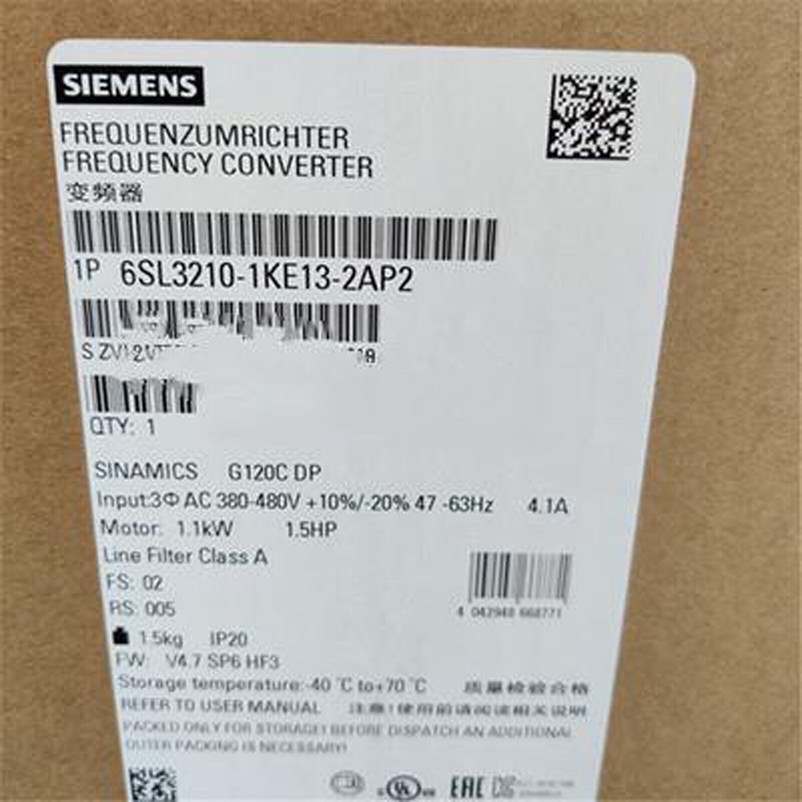 new 1PC  SIEMENS Inverter G120C series 6SL3210-1KE13-2AP2 1.1KW 380V FAST SHIP