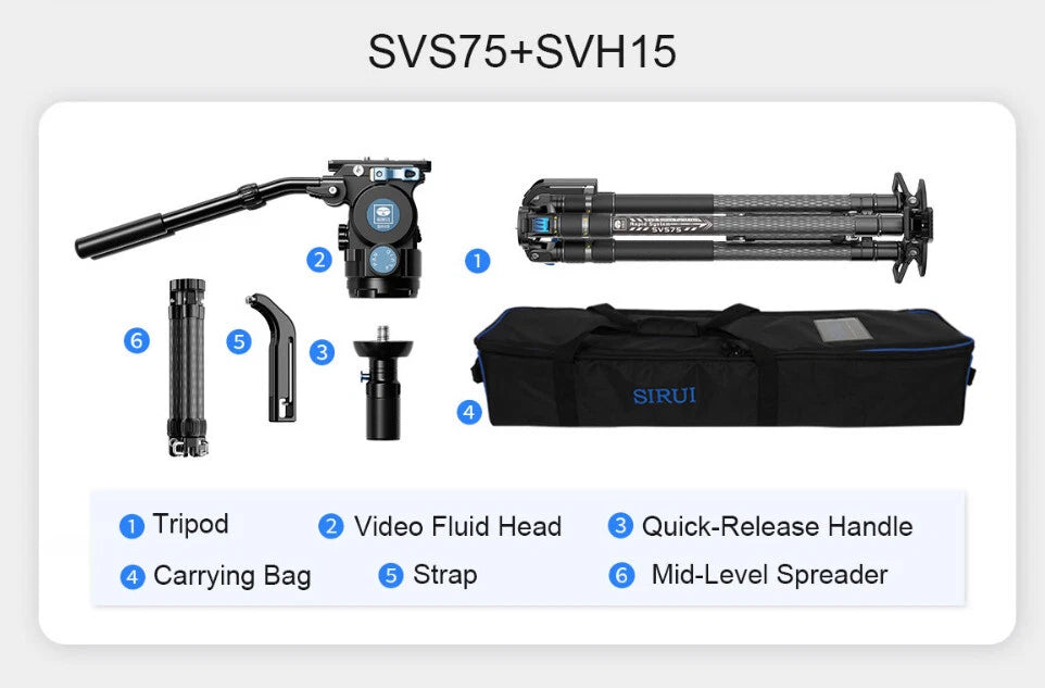 FOR SIRUI SVS75 Carbon Fiber Video Camera Tripod SVH15 Fluid Head OneStep