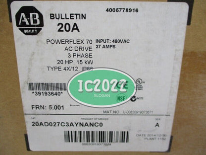 Sealed Allen Bradley 20AD027C3AYNANC0 PowerFlex70 AC Drive 15kW/20HP 400V - ALLEN BRADLEY