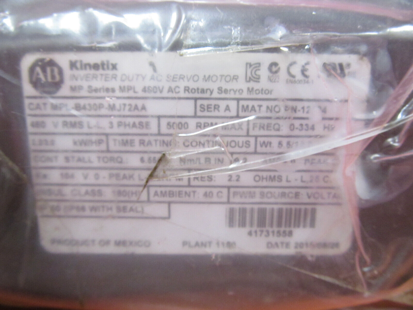 Allen-Bradley MPLB430PMJ72AA Servo Motor - High Precision Servo Motor - Industrial Servo Motor - 200VAC, 60Hz, 1HP, 3000 RPM - ALLEN-BRADLEY