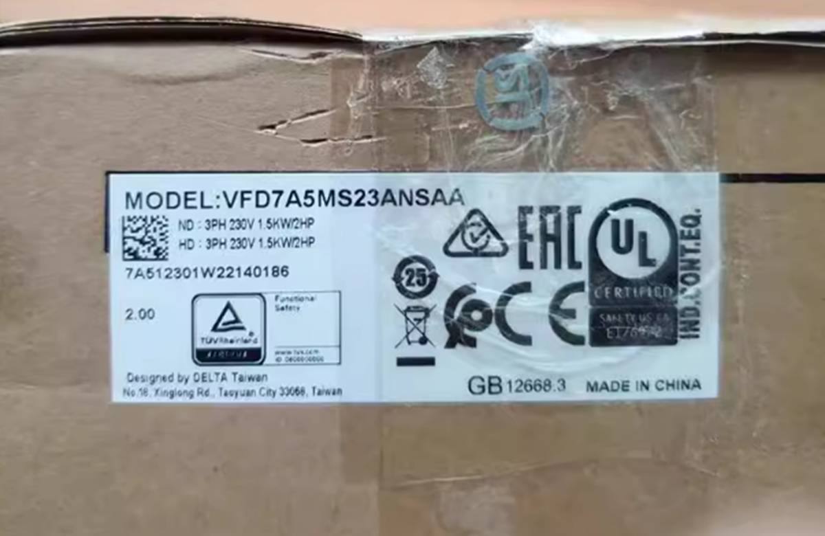 Delta VFD7A5MS23ANSAA Inverter, High Efficiency 500W AC Induction Motor Controller, 60Hz, 230VAC, PWM Dimming, 23A Max Load, 200 lbs Weight - DELTA