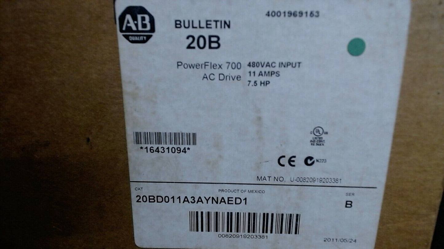 Allen Bradley PowerFlex 700W AC Drive Motor 11A, 7.5HP, 20BD011A3AYNAED1 - ALLEN BRADLEY