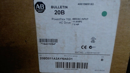 Allen Bradley PowerFlex 700W AC Drive Motor 11A, 7.5HP, 20BD011A3AYNAED1 - ALLEN BRADLEY