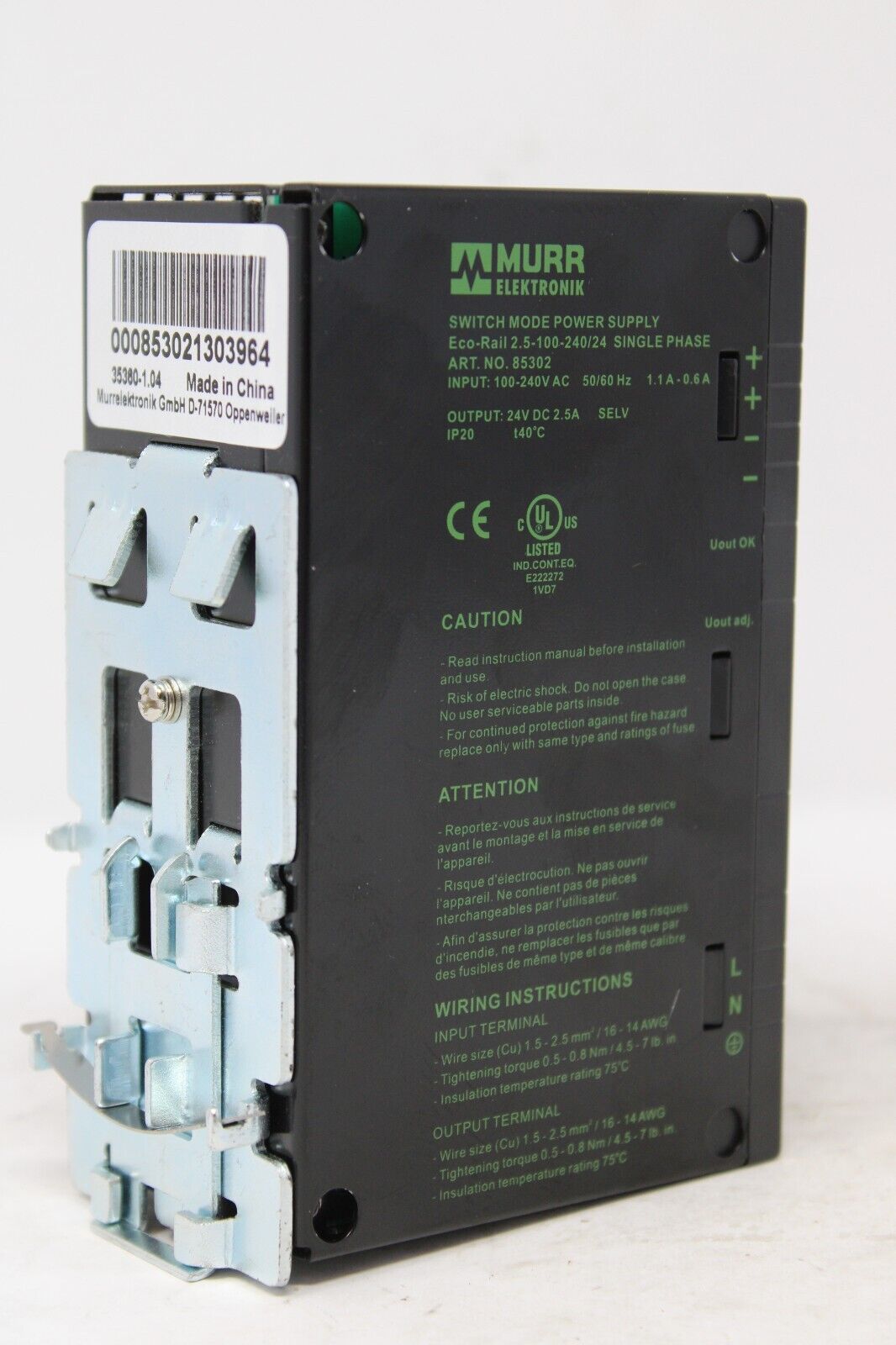 used Murr Elektronik 85302 Eco-Rail 2.5-100-240/24 Single Phase Power Supply - MURR ELEKTRONIK