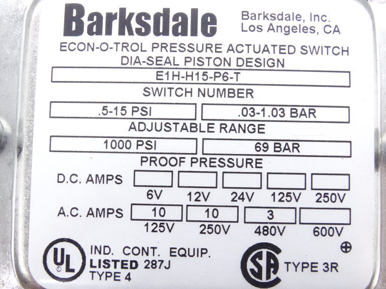 Barkdale E1H-H15-P6-T Switch - BARKDALE
