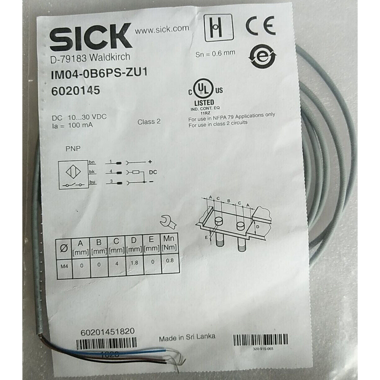 SICK 6020145 IM04-0B6PS-ZU1 Proximity Switch SPOT STOCKS - SICK