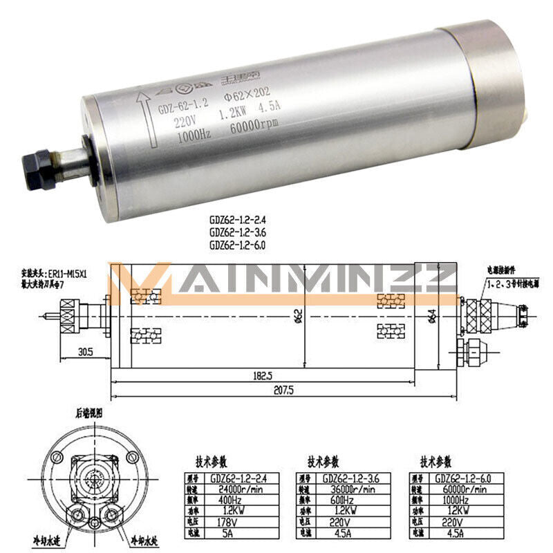 ONE GDZ-62-1.2 High Speed Spindle Motor Water-cooled ER11 220V for Router CNC
