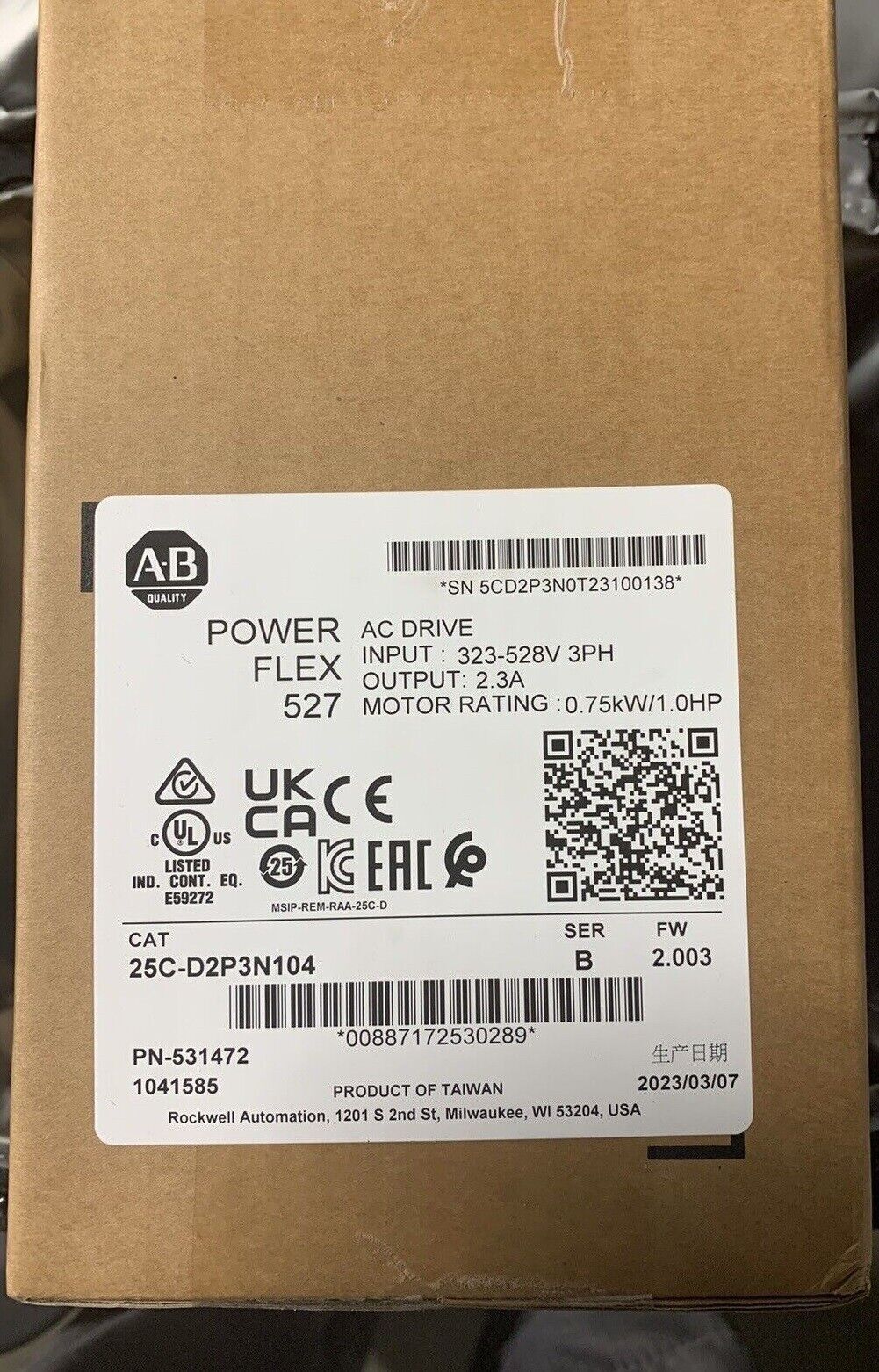 Allen Bradley 25C-D2P3N104 AC Drive 0.75kW 1HP PowerFlex 527 - A. O. SMITH ALLEN BRADLEY