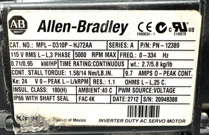 used Allen Bradley MPL-D310P-HJ72AA Servo Motor VRL090010K519EB1600 10:1 Gear Box - ALLEN BRADLEY