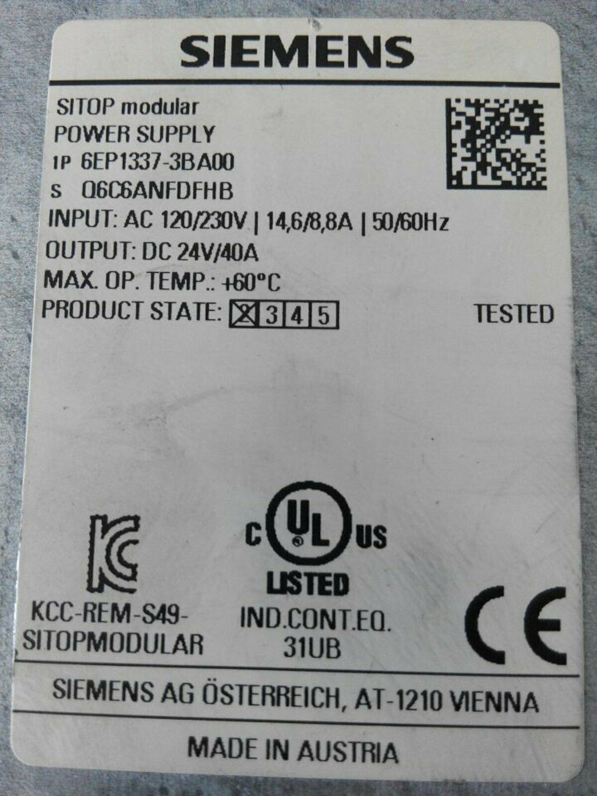 used ONE  Siemens 6EP1337-3BA00 Power Supply 6EP13373BA00 Tested Good
