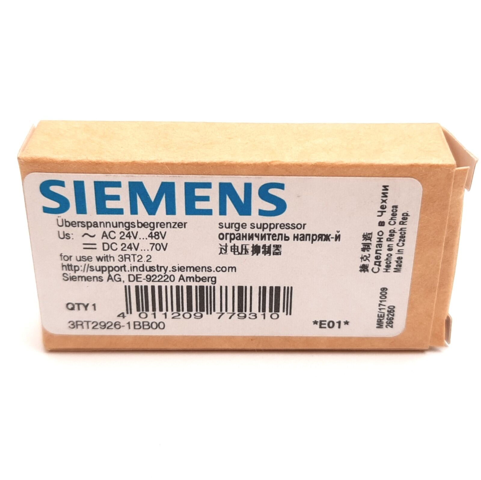 new Siemens 3RT2926-1BB00 Surge Suppressor, For 3RT2.2, Rating: 24-48VAC 24-70VDC