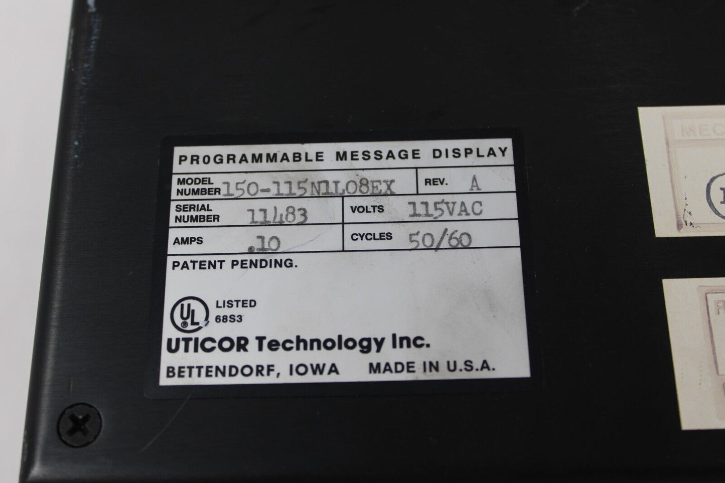 used Uticor 150-115N1L08EX Programmable Message Display - UTICOR