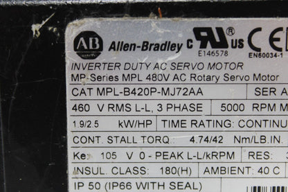used Allen Bradley MPL-B420P-MJ72AA Motor - ALLEN BRADLEY
