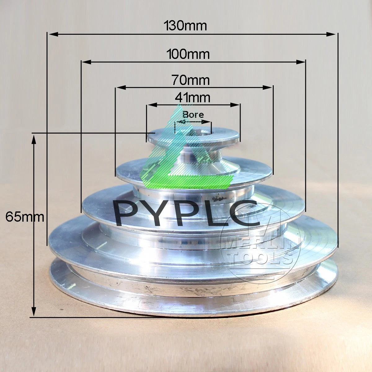 OD 130mm, 4 Step Pulley 16mm Bore for 1/2" = 12.7mm Belt width - Cast Aluminum