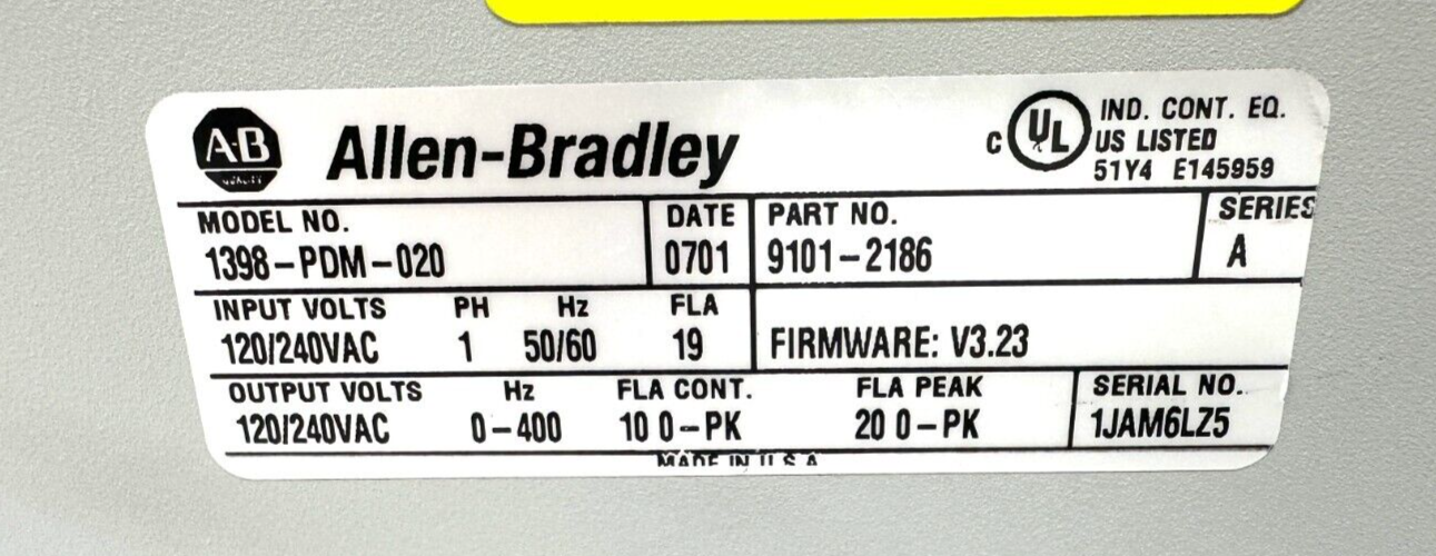 used Allen Bradley 1398-PDM-020 Positioning Servo Drive 9101-2186 *No Side Cover* - ALLEN BRADLEY