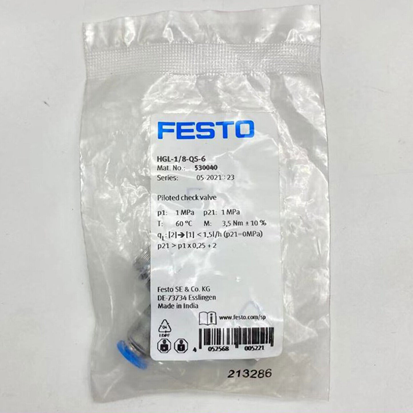 new FESTO HGL-1/8-QS-6 530040 1PC Check Valve HGL18QS6 - FESTO