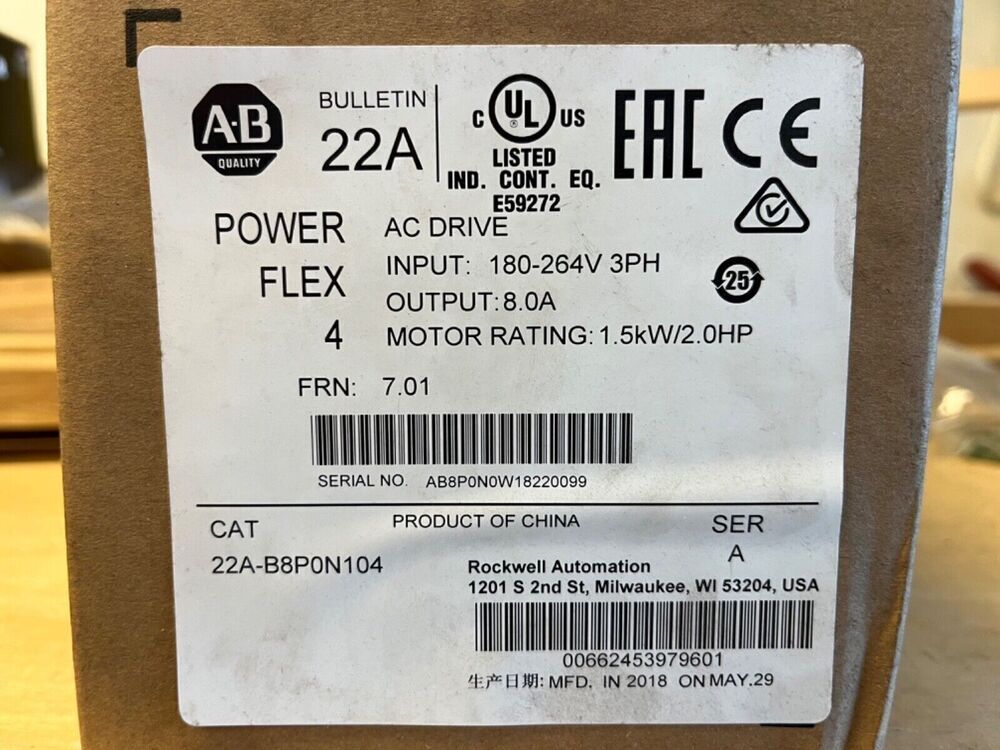 Allen-Bradley 22A-B8P0N104 PowerFlex 4 1.5 kW (2 Hp) AC Drive 22AB8P0N104