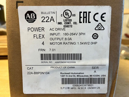 Allen-Bradley 22A-B8P0N104 PowerFlex 4 1.5 kW (2 Hp) AC Drive 22AB8P0N104