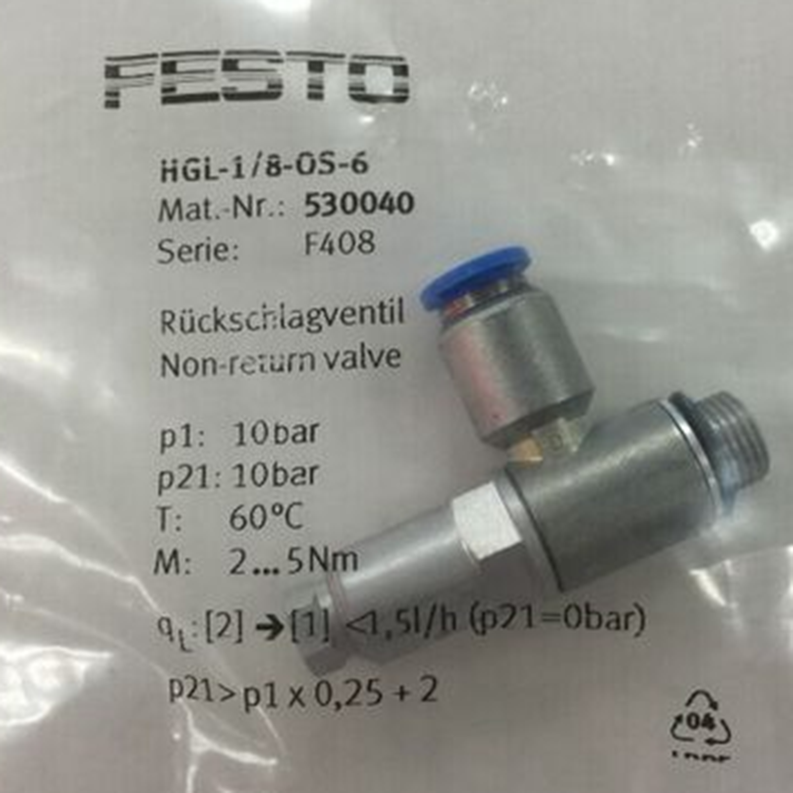 new FESTO HGL-1/8-QS-6 530040 1PC Check Valve HGL18QS6 - FESTO