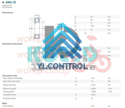 6006-2Z Deep Groove Ball Bearings 30x55x13 mm.