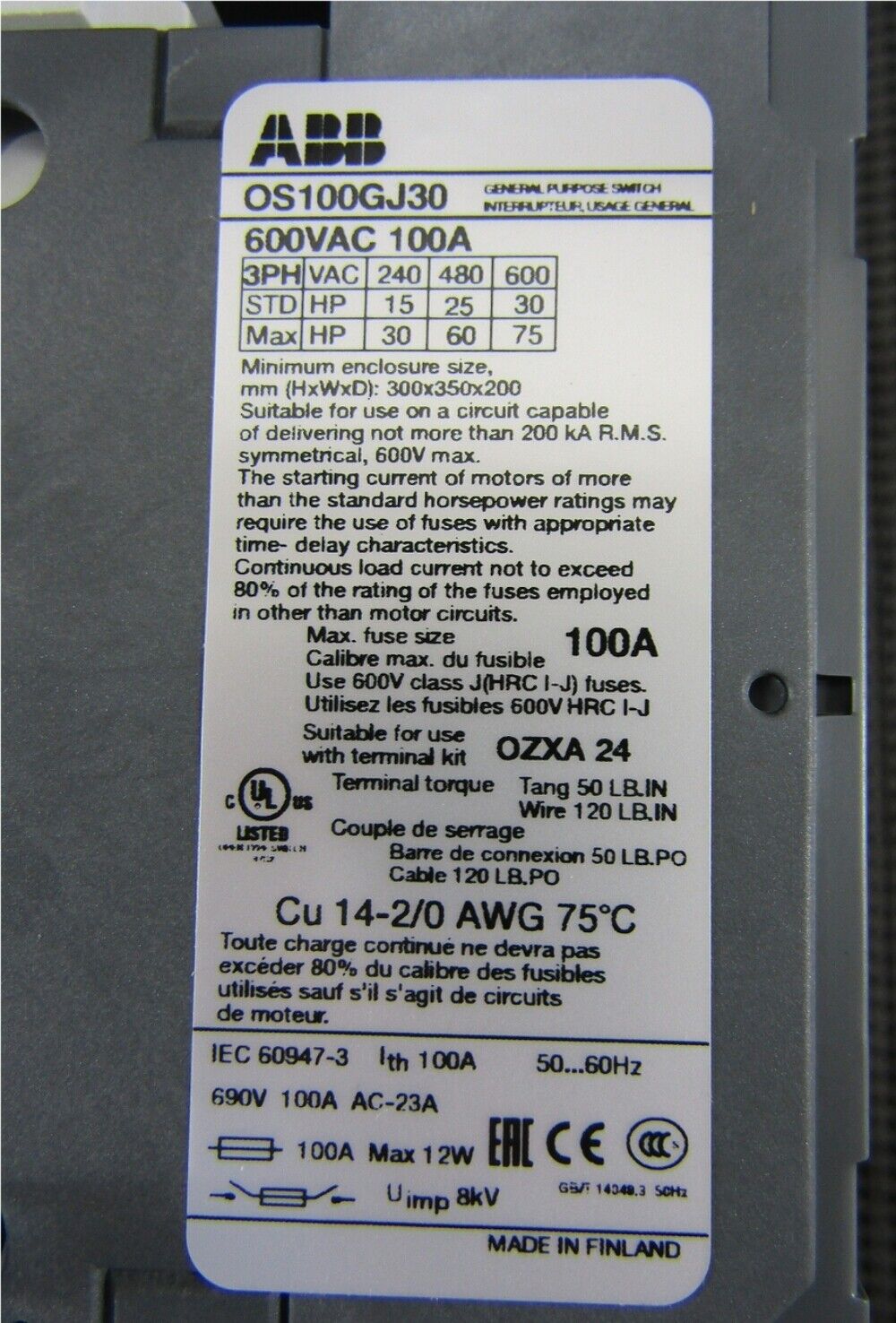 ABB 1SCA121974R1001 OS100GJ30 Fused Switch - ABB