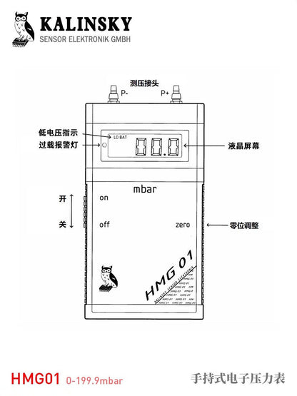 new Kalinsky handheld electronic pressure gauge HMG01 millibar meter Owl 0-199.9mbar - KALINSKY