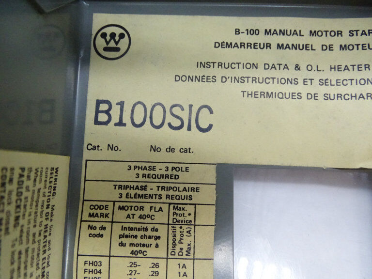 WESTINGHOUSE B100S1C MOTOR STARTER WESTINGHOUSE