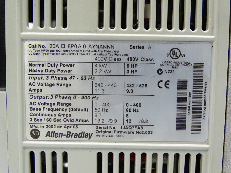 Allen Bradley 20AD8P0A0AYNN Series A Drive - ALLEN BRADLEY
