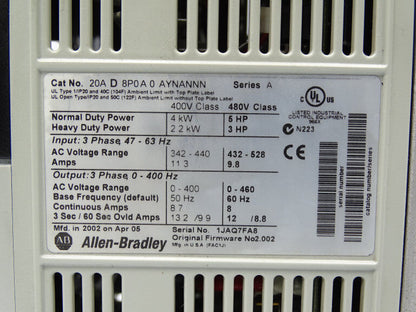 Allen Bradley 20AD8P0A0AYNN Series A Drive - ALLEN BRADLEY