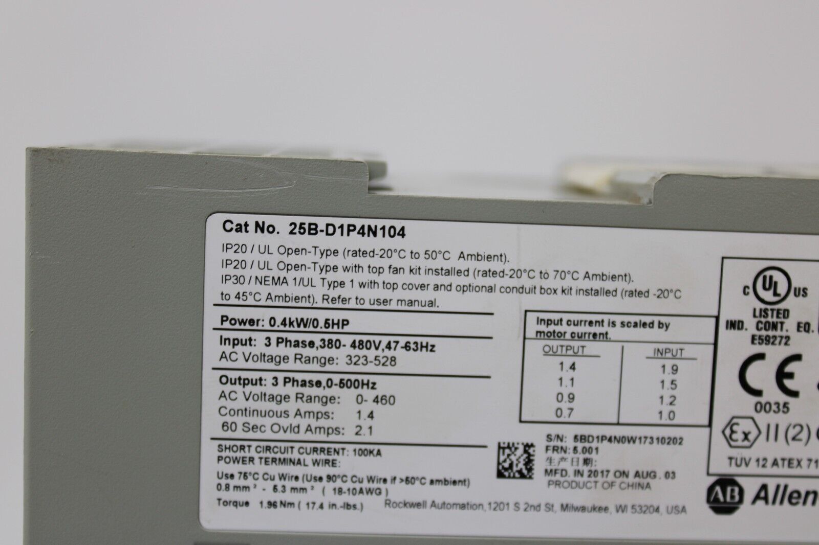 used Allen Bradley 25B-D1P4N104 PowerFlex 525 *No Cover - ALLEN BRADLEY