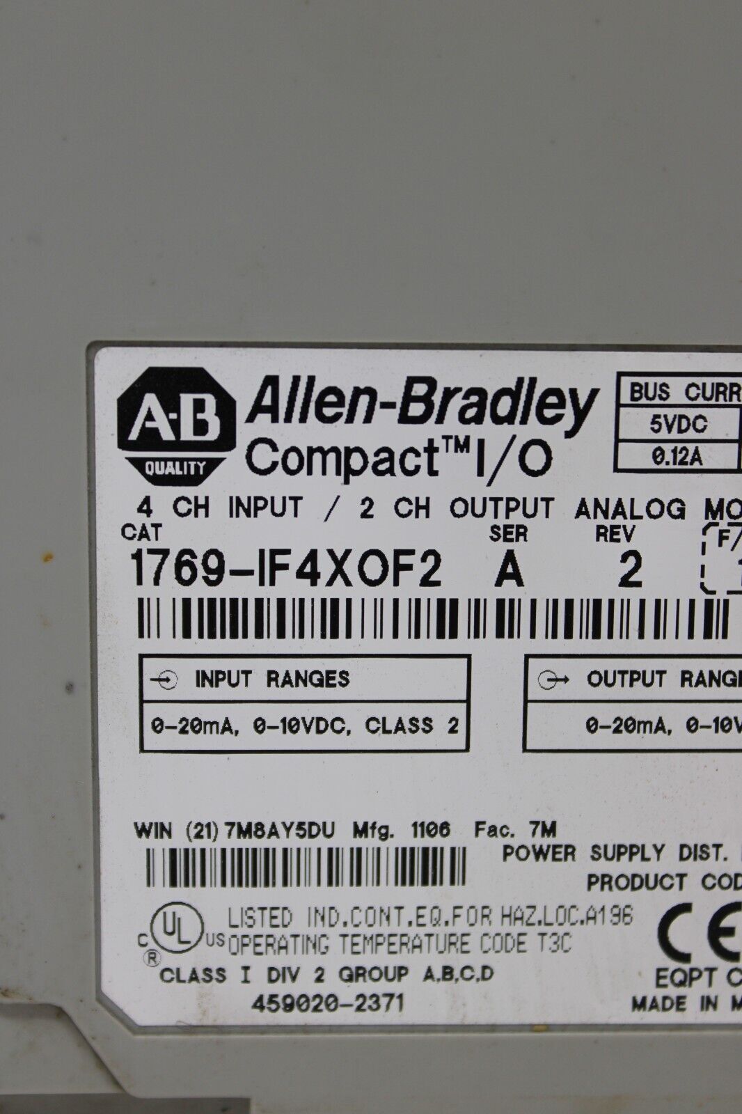 used Allen Bradley 1769-IF4XOF2 Combination Analog *No Cover *No Mount - ALLEN BRADLEY