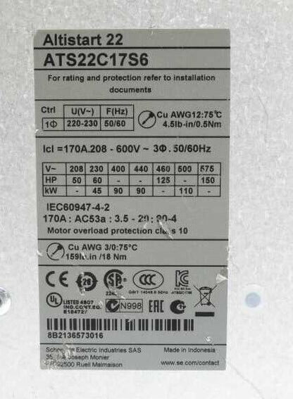 SCHNEIDER ELECTRIC ATS22C17S6 MOTOR STARTER - SCHNEIDER ELECTRIC