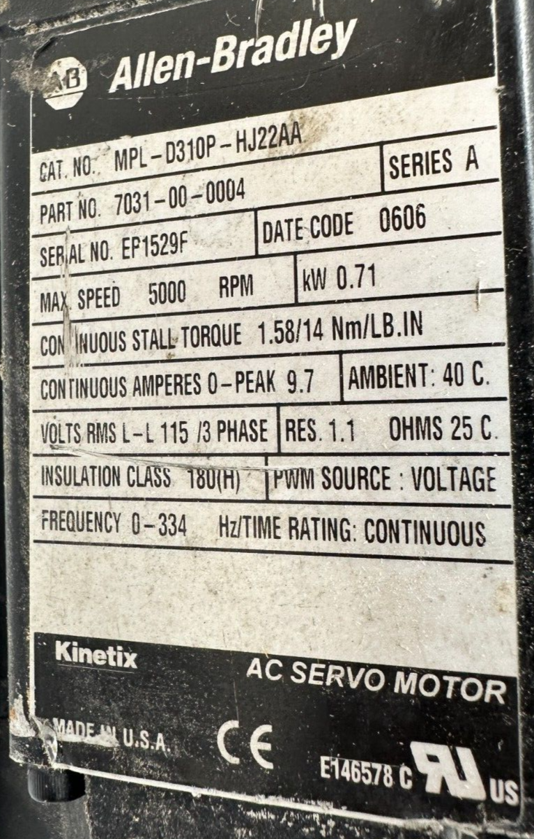 used Allen Bradley MPL-D310P-HJ22AA Servo Motor Onvio Gear Reducer - ALLEN BRADLEY