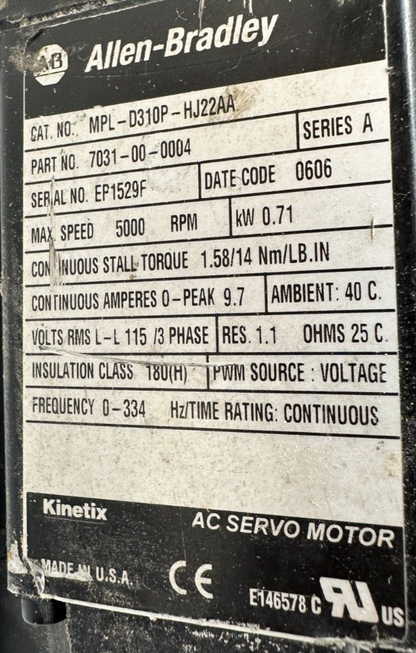 used Allen Bradley MPL-D310P-HJ22AA Servo Motor Onvio Gear Reducer - ALLEN BRADLEY