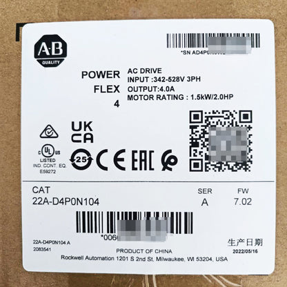 Allen-Bradley 22A PowerFlex 4 Catalog AC Drive Sealed SER A D4P0N104 - ALLEN-BRADLEY