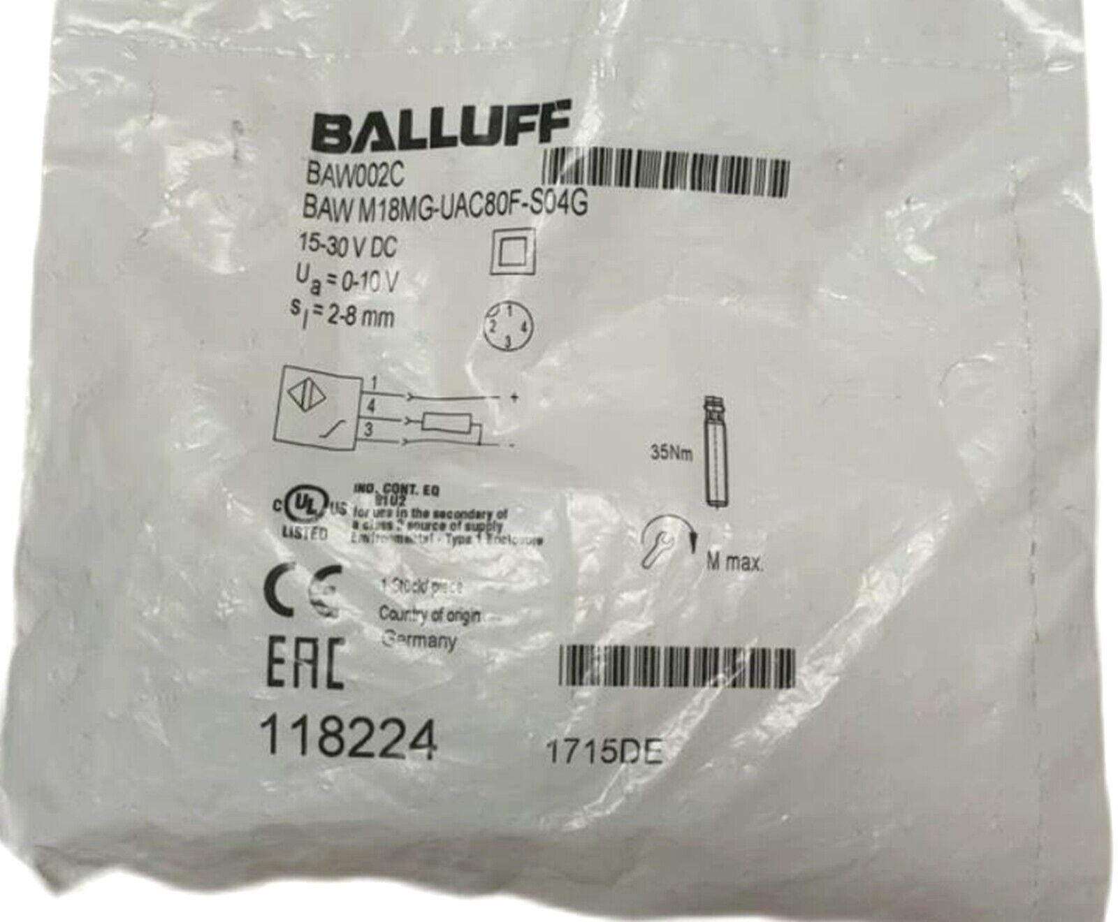 BALLUFF BAW M18MG-UAC80F-S04G Inductive Distance Sensor