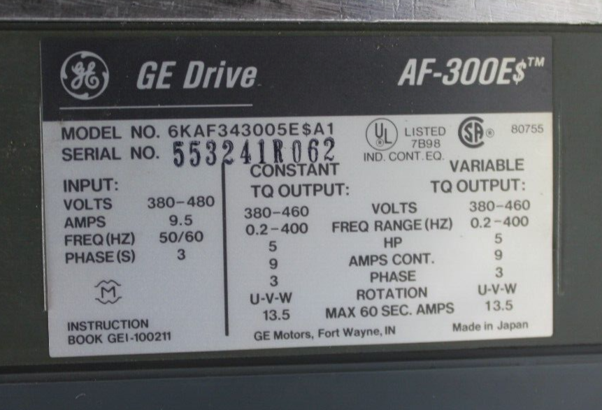 used GE Fuji Electric 6KAF343005E$A1 AF-300$ Variable Frequency Drive 5HP