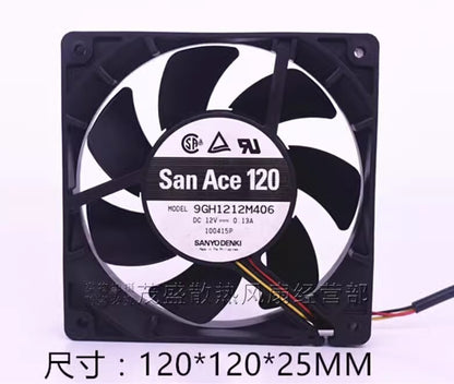 Sanyo 9GH1212M406 DC12V 0.13A 12CM 3-Wire Dual Ball Ball Mute Cooling Fan