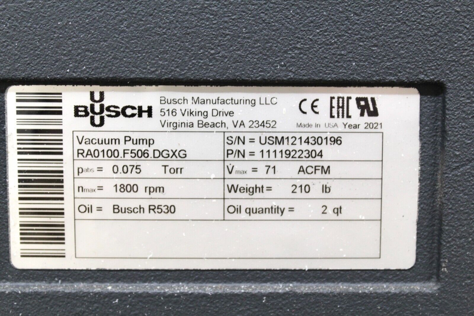 used Busch RA0100.F506.DGXG Rotary Vane Vacuum Pump R5 RA 0100 F - BUSCH