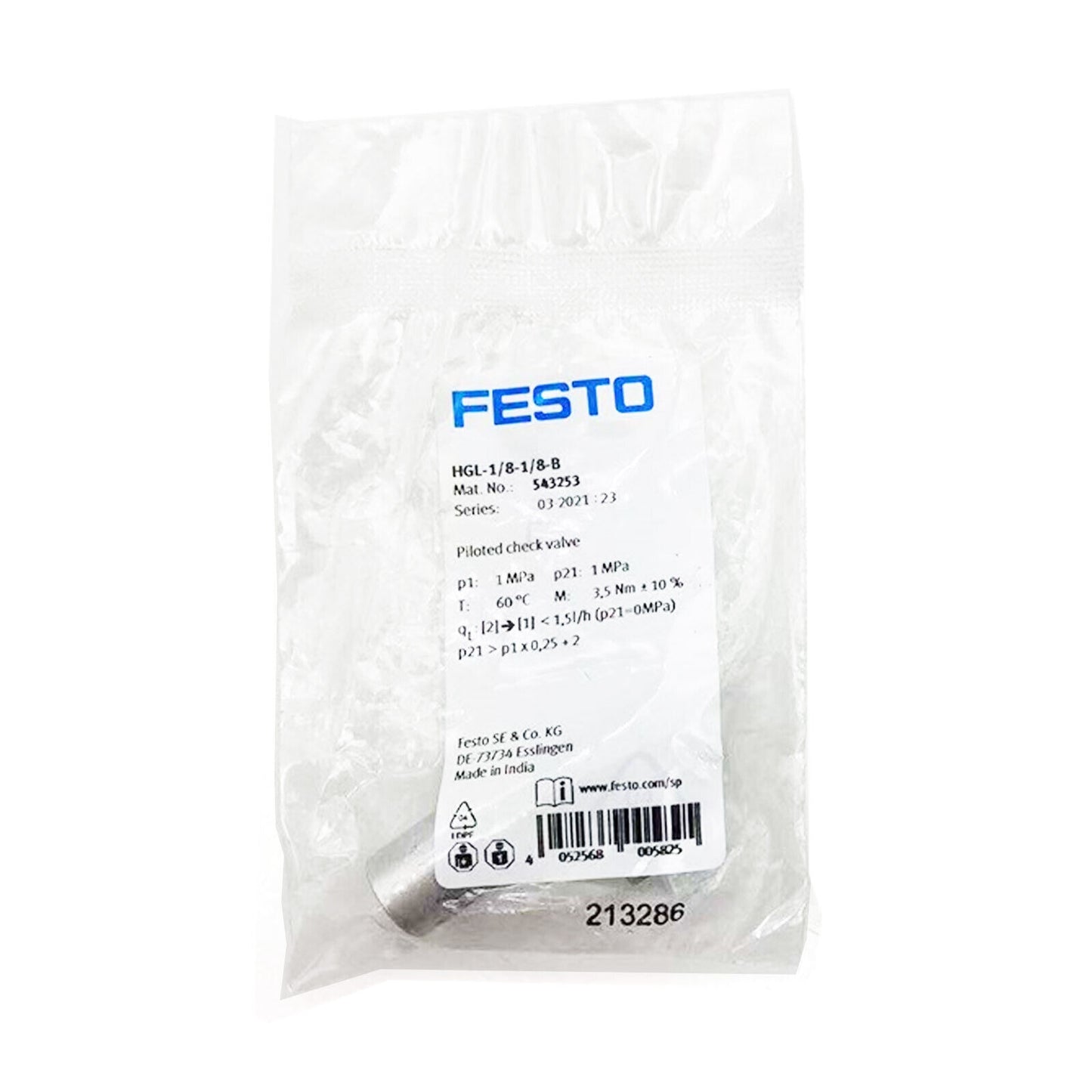 FESTO HGL-1/8-1/8-B Throttle Valve, 1/8 BSP, 1/8 Flow, 543253 - FESTO