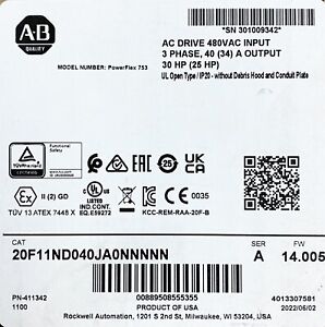 Allen Bradley 20F11ND040JA0NNNNN PowerFlex753 AC Drive, New, Factory Sealed - ALLEN BRADLEY